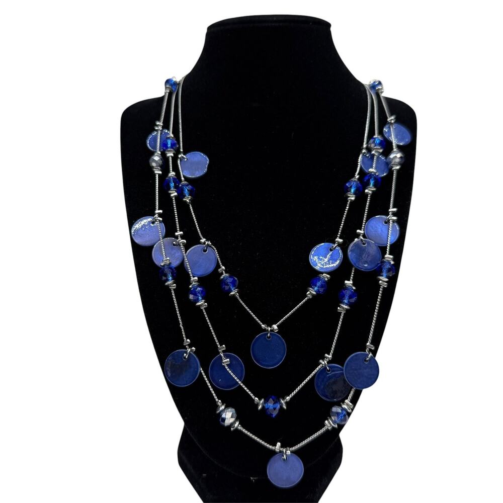 Multi-Layer Blue Faceted Disc Beaded Statement Necklace Silver Tone Jewelry 16"